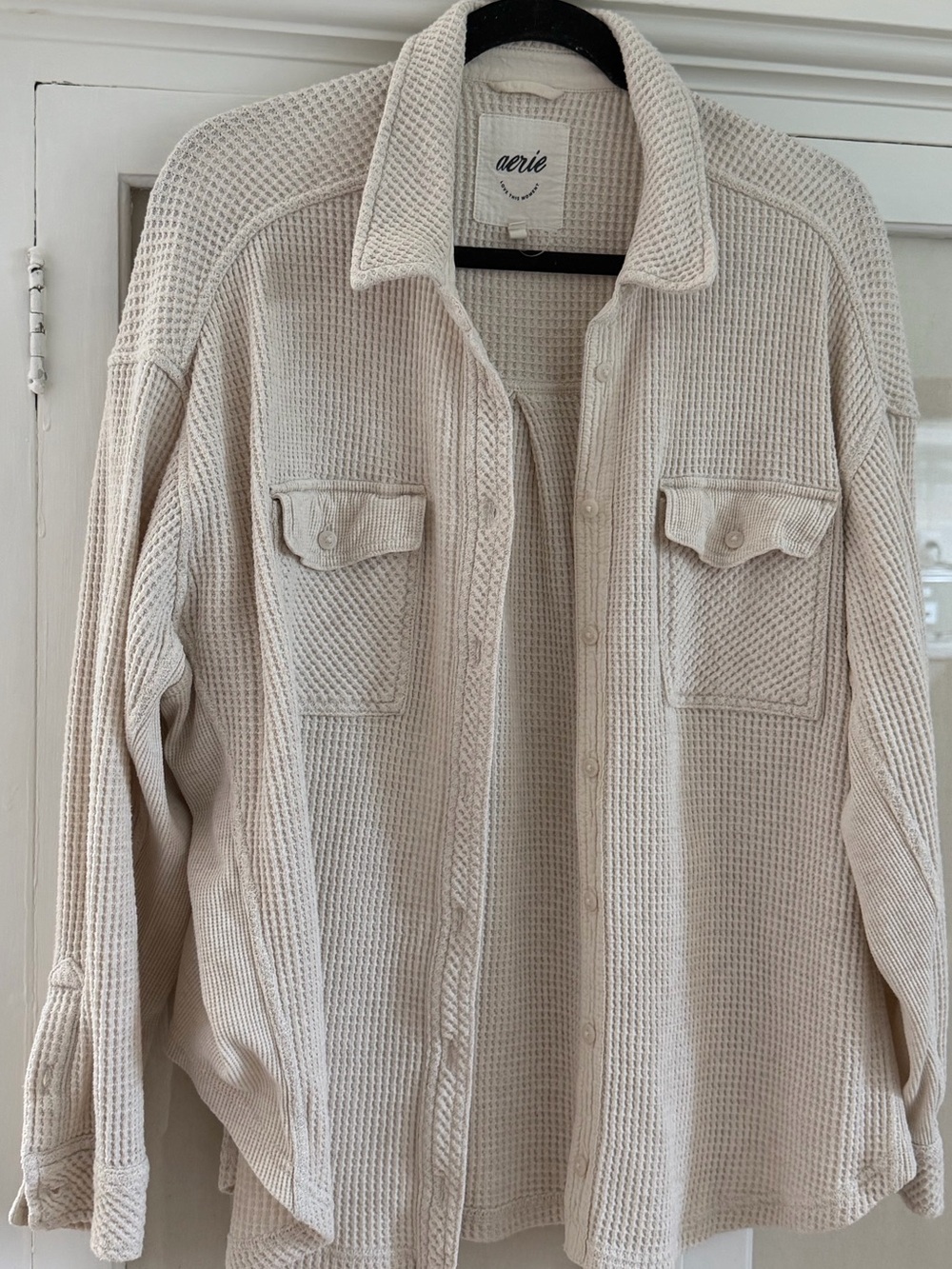 aerie cream waffle knit button up shirt